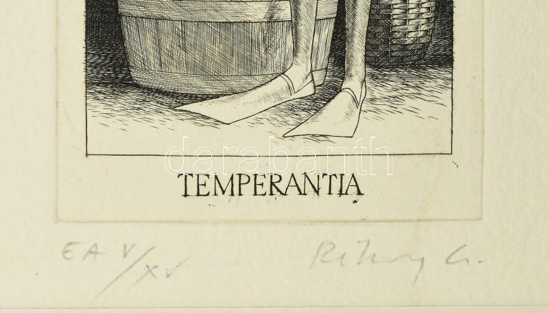 Rékassy Csaba (1937-1989): Temperantia (erények sorozat). Rézmetszet, merített papír, jelzett, művészpéldány EA V/XV. számozással, javított. Paszpartuban. 15×8 cm - Image 2