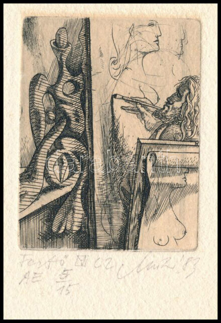 Müller Árpád (1961-2006): Festő. Rézmetszet, merített papír, jelzett, művészpéldány AE V/XV. számozással. 7,5×5,5 cm.
