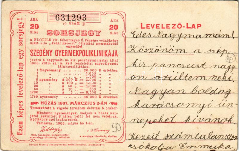 Sorsjegy a Szegény gyermekpoliklinika javára / Charity lottery ticket on the backside