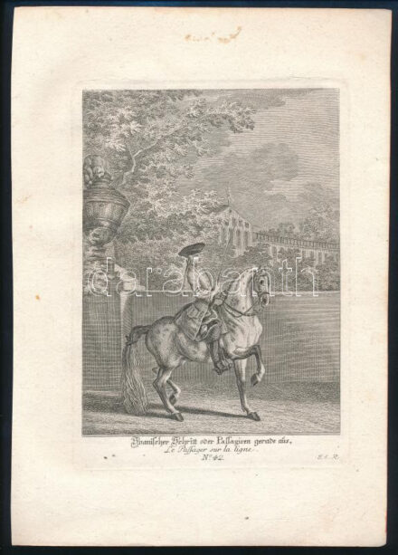XVIII. század közepe Johann Elias Ridinger (1698-1767): Spanischer Schritt oder Passagieren gerade. Le Passager sur la ligne. No. 42. Rézmetszet, papír, jelzett a dúcon, lovas metszet, kis foltokkal, 20x14 cm, papír: 28x19,5 cm