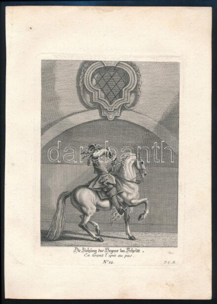 XVIII. század közepe Johann Elias Ridinger (1698-1767): Die Ziehung des Degens im Schritt. En tirant l' epéc aus pas. N. 12. Rézmetszet, papír, jelzett a dúcon, lovas metszet, kis foltokkal, 20x14 cm, papír: 28x20 cm