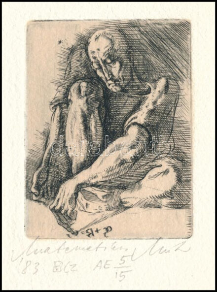 Müller Árpád (1961-2006): Matematikus. Rézmetszet, merített papír, jelzett, művészpéldány AE 5/15 számozással. 7,5×5,5 cm.