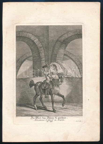 XVIII. század közepe Johann Elias Ridinger (1698-1767): Das Pferd zum Fahnen gewöhnen. Accoutumer le chaval au drapeau. N. 44. Rézmetszet, papír, jelzett a dúcon, lovas metszet, kis foltokkal, 20x14 cm, papír: 28x19,5 cm