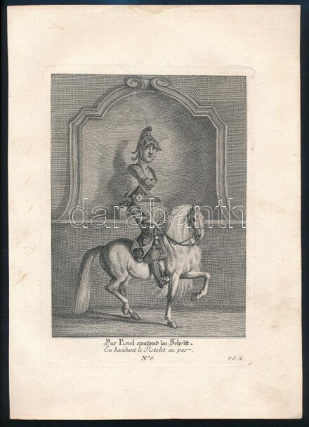 XVIII. század közepe Johann Elias Ridinger (1698-1767): Das Pistol suaned im Schritt. En bandant le pistole au pas. N. 8. Rézmetszet, papír, jelzett a dúcon, lovas metszet, kis foltokkal, 20x14 cm, papír: 28x20 cm
