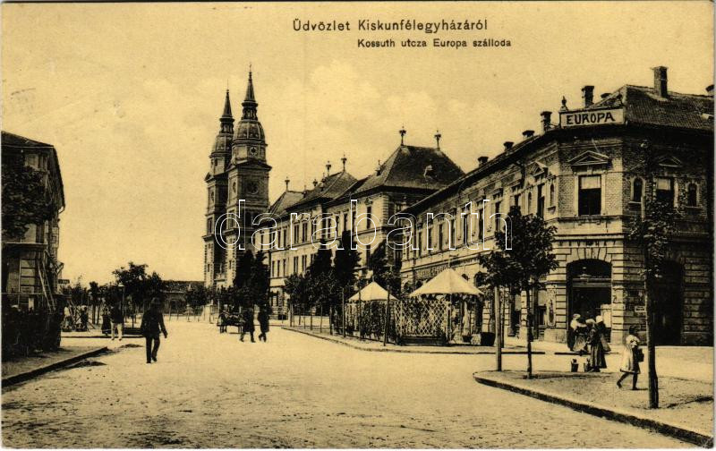 1909 Kiskunfélegyháza, Kossuth utca, Europa szálloda és kávéház, Bánhidy László üzlete, építkezés. Roykó B. kiadása (EK)