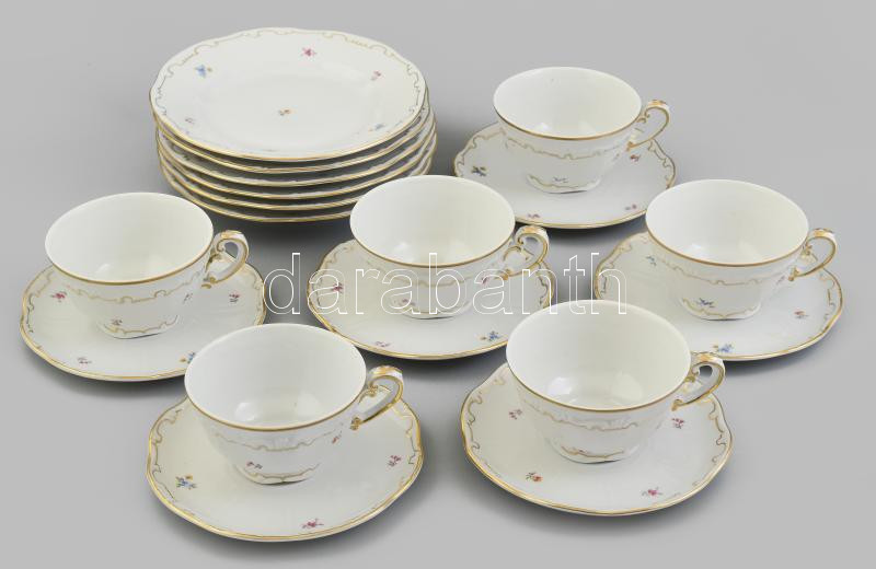 Zsolnay virág mintás, 6db reggeliző készlet, jelzett, kopásokkal, d: 19 cm