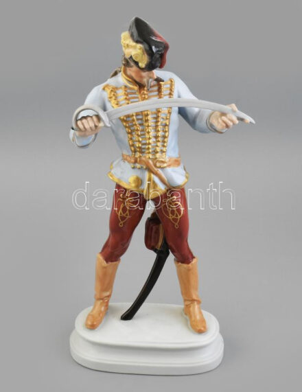 Herendi Hadik huszár, tervező: Kisfaludy Strobl Alajos. Színesen festett porcelán. kardja restaurált. Jelzett. m: 40 cm