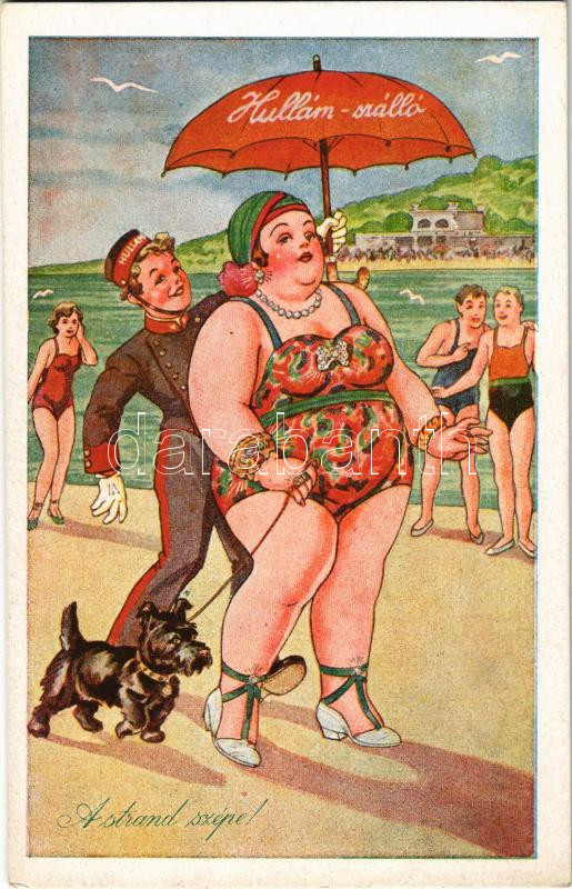 Siófok, A strand szépe! Hullám szálló londinere a strandon napernyővel. Humoros karikatúra
