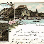 1896 (Vorläufer!!!) Dinant, Le rocher Bayard, Walzin, Vue du Chateau / castle, general view. G. Blümlein & Co. Art Nouveau, floral, litho (tears)