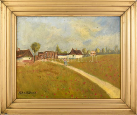 Nótiné Kálnay B jelzéssel: Hazafelé. Olaj, vászon. 40x50 cm. Dekoratív, régi, 1930 körüli, sarkában kissé sérült art deco fakeretben, hátoldalán Hoffmann Ferencz képkeretező korabeli címkéjével.