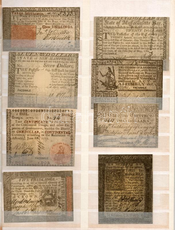 Amerikai Egyesült Államok ~1780. 8xklf bankjegy jelzett, modern facsimile kiadása T:UNC USA ~1780. Modern facsimile reprint of 8xdiff banknotes C:UNC