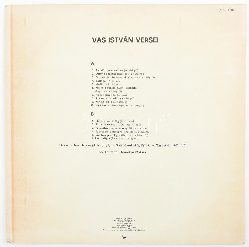 Vas István, Gáti József, Avar István - Vas István versei. Vinyl, LP. Hungaroton. Magyarország, 1980. jó állapotban, hanglemezkezelési útmutatóval - Image 2