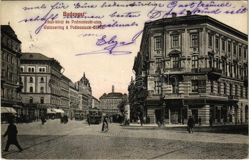 Budapest VI. Váci körút és Podmaniczky utca, villamos, Központi Takarékpénztár, üzletek