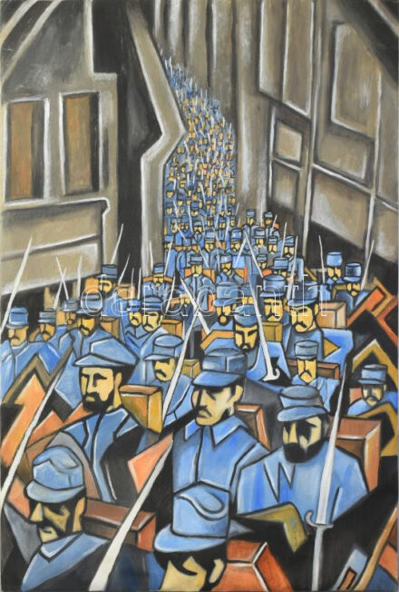 Szendrei József (1989-, 'Pesti Józsi'): Hadsereg. Olaj, vászon. Újrafeszítést igényel a vászon. Jelzett. 84x57 cm