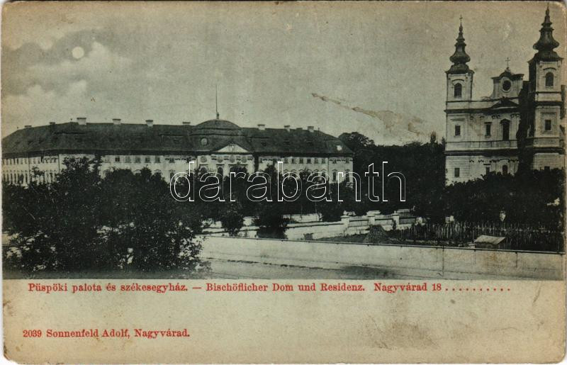 Nagyvárad, Oradea; Püspöki palota és székesegyház este. Sonnenfeld Adolf kiadása / bishop's palace and cathedral at night (fl)