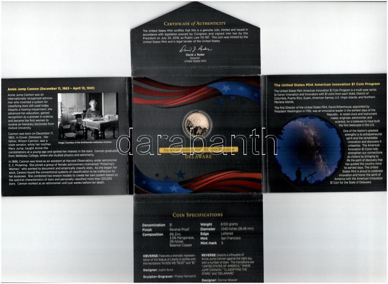 Amerikai Egyesült Államok 2019S 1$ 'American Innovation - Delaware' karton díszcsomagolásban T:PP (Reverse Proof) USA 2019S 1 Dollar 'American Innovation - Delaware' in decorative cardboard case C:PP (Reverse Proof) - Image 4
