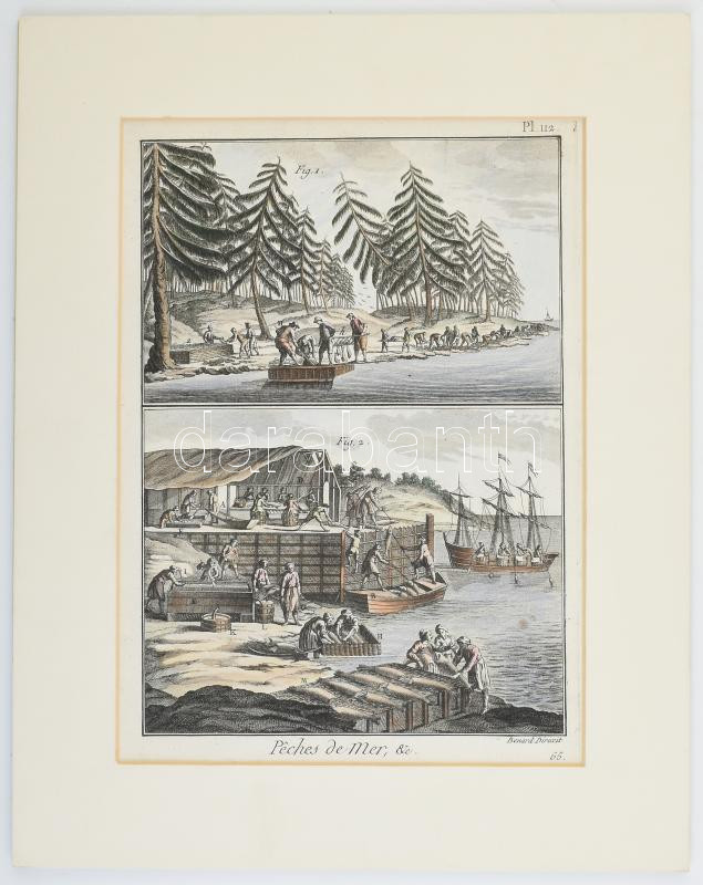XVIII. század vége, Robert Bénard (1734 -1785): Peches de mer, halászati, hajózási témájú ábrázolás, In: Diderot - D'Alambert: Encyclopédie Pl. 112, színezett rézmetszet, papír, paszpartuban, 23x16 cm, paszpartu: 33x26 cm