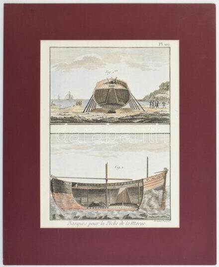 XVIII. század vége, Robert Bénard (1734 -1785): Barques pour la Peche de la Morue, hajózási témájú ábrázolás, In: Diderot - D'Alambert: Encyclopédie Pl. 102, színezett rézmetszet, papír, paszpartuban, 23x16 cm, paszpartu: 35x28 cm