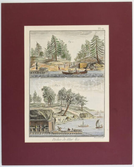 XVIII. század vége, Robert Bénard (1734 -1785): Peches de Mer & c. Barques pour la Peche de la Morue, hajózási, halászati témájú ábrázolás, In: Diderot - D'Alambert: Encyclopédie Pl. 111, színezett rézmetszet, papír,