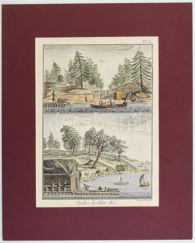 XVIII. század vége, Robert Bénard (1734 -1785): Peches de Mer & c. Barques pour la Peche de la Morue, hajózási, halászati témájú ábrázolás, In: Diderot - D'Alambert: Encyclopédie Pl. 111, színezett rézmetszet, papír,