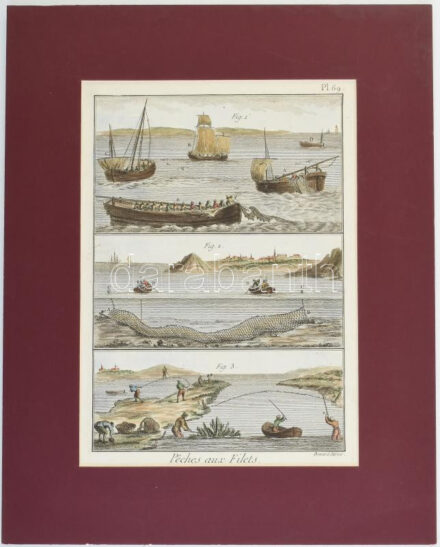 XVIII. század vége, Robert Bénard (1734 -1785): Peches aux Filets, halászati témájú ábrázolás, In: Diderot - D'Alambert: Encyclopédie Pl. 69., színezett rézmetszet, papír, paszpartuban, 23x16 cm, paszpartu: 35x28 cm