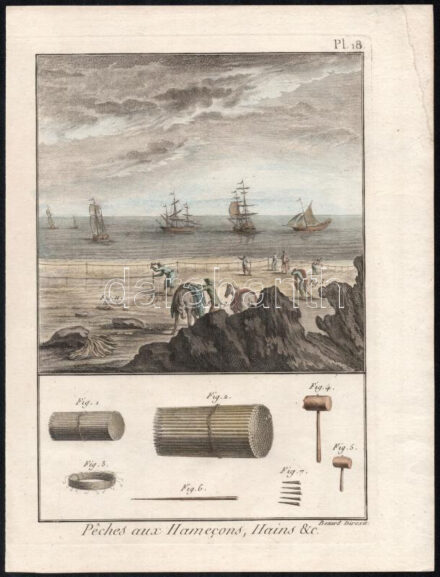 XVIII. század vége, Robert Bénard (1734 -1785): Peches aux Hamecons, Hains & c., halászati témájú ábrázolás, In: Diderot - D'Alambert: Encyclopédie Pl. 18., színezett rézmetszet, papír, paszpartuban, foltos, 23x16 cm, papír: