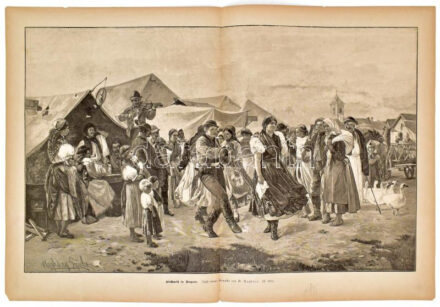 Aggházy Gyula (1850-1919) festménye után: Búcsú Magyarországon (Kirchweih in Ungarn), 1898 körül. Rotációs fametszet, papír, jelzett a metszeten. Lapszéli apró szakadással. 32x51,5 cm