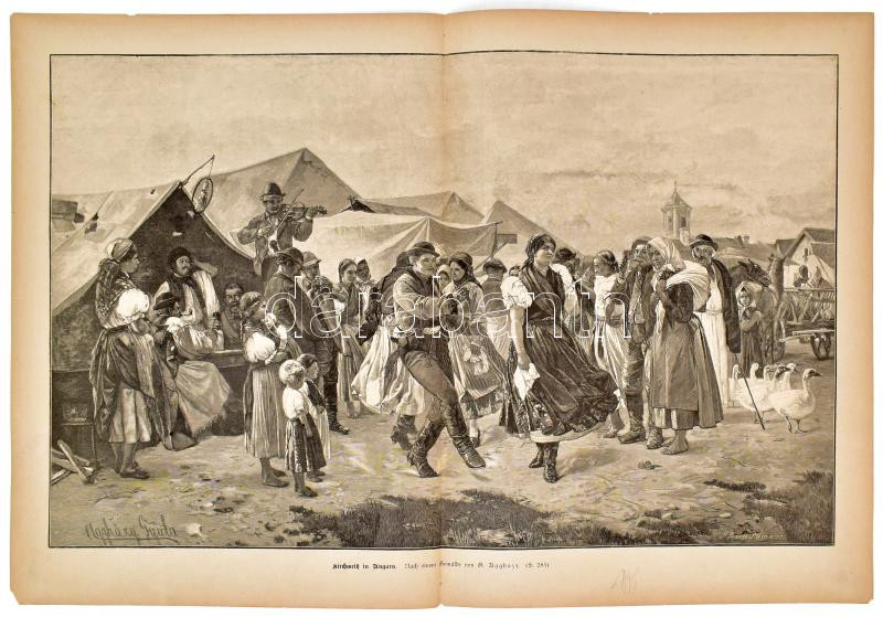 Aggházy Gyula (1850-1919) festménye után: Búcsú Magyarországon (Kirchweih in Ungarn), 1898 körül. Rotációs fametszet, papír, jelzett a metszeten. Lapszéli apró szakadással. 32x51,5 cm
