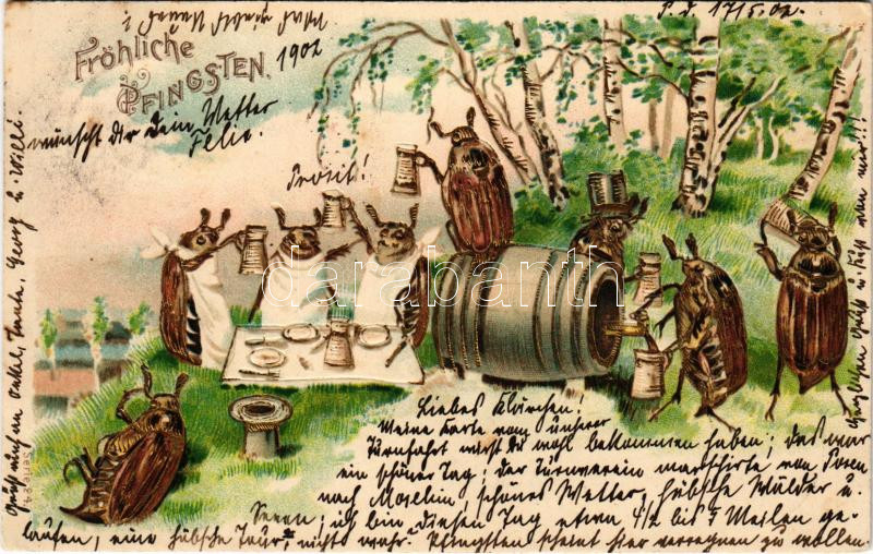 1902 Fröhliche Pfingsten / Pentecost greeting art postcard with bugs drinking beer. Art Nouveau, Emb. litho