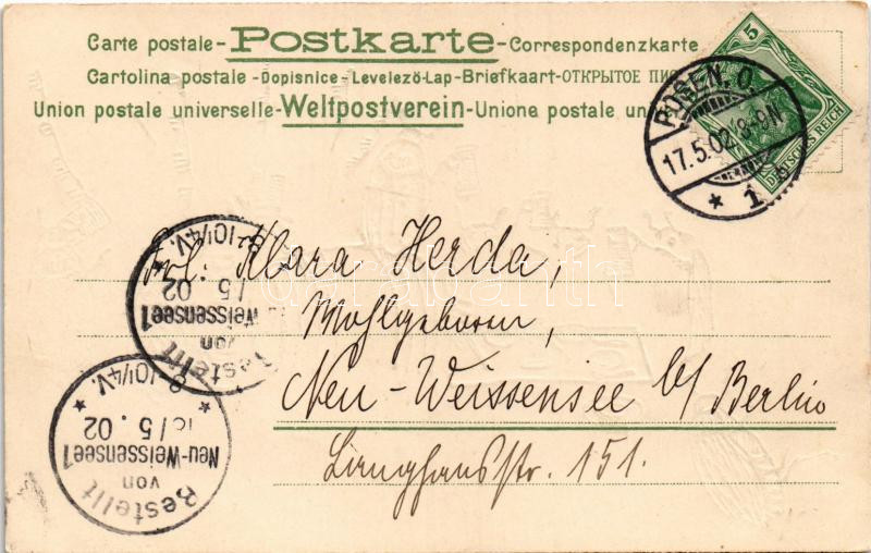 1902 Fröhliche Pfingsten / Pentecost greeting art postcard with bugs drinking beer. Art Nouveau, Emb. litho - Image 2