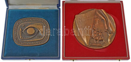 1978. 'A Baráti Szocialista Hadseregek X. Filmfesztiválja Veszprém' egyoldalas, öntött bronz plakett, eredeti dísztokban (81x96mm) + 1981. 'Katonai Főiskolák IX. Fesztiválja Szolnok 1981' egyoldalas, öntött bronz emlékplakett eredeti