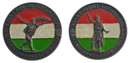 1978. 'Forradalmi Ifjúsági Napok 1848-1978' részben festett bronz lemezkitűző (51mm) + 'Forradalmi Ifjúsági Napok 1919-1978' részben festett bronz lemezkitűző (51mm) T:AU