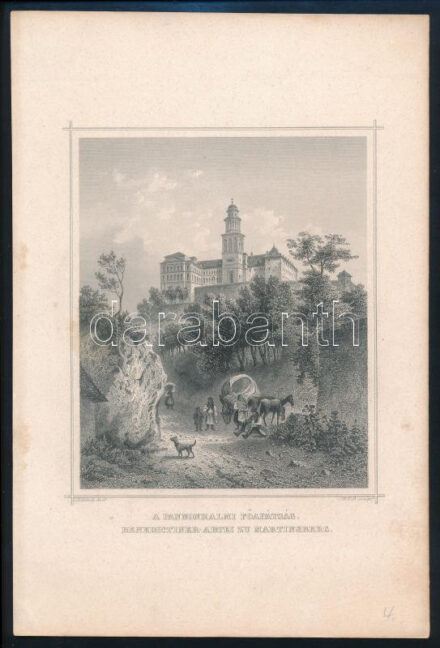 cca 1850 Ludwig Rohbock (1820-1883), J. M. Kolb (?-?): A Pannonhalmi főapátság, Benedictiner-Abtei zu Martinsber, acélmetszet, papír, 15x12 cm, papír: 25x17 cm