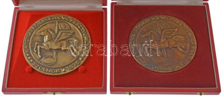 1975. 'Katonai Főiskolák VI. Fesztiválja - Szolnok 1975' öntött bronz plakett dísztokban (110mm) + 1977. 'Katonai Főiskolák VI. Fesztiválja - Szolnok 1975' öntött bronz plakett, hiányos dísztokban (110mm) T:AU,XF