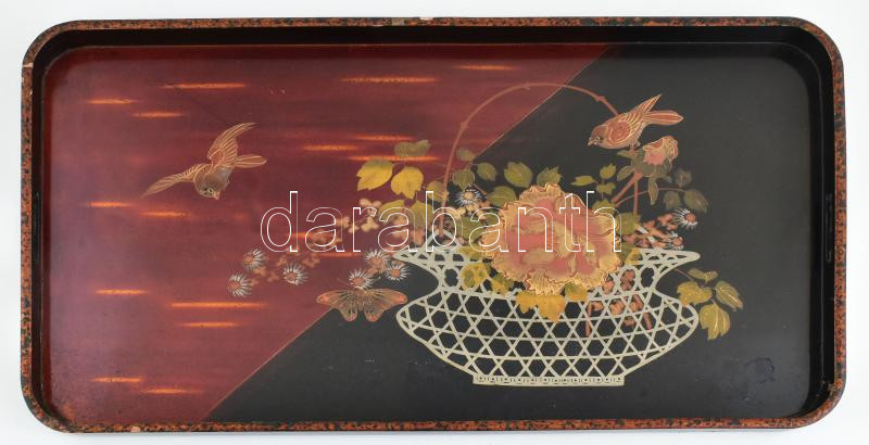 Japán lakkozott festett, reggeliző tálca. kisebb sérülésekkel. 58x33 cm