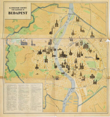 cca 1940 Stadtplan von Budapest, der Haupt- und Residenzstadt Ungarns - Katholische Kirchen und Klöster in Budapest. / Budapest térképe, hátoldalán a város katolikus templomai és kolostorai, német nyelvű, sérült, ragasztott, 47,5x43,5 cm