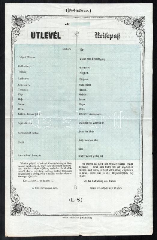 1850 Útlevél, kitöltetlen