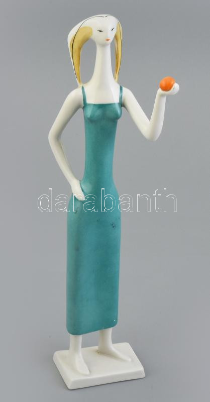 Drasche nő almával, kézzel festett porcelán, jelzett, hibás, sérült, m: 26,5 cm