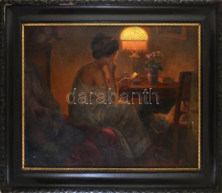 Wolff Károly (1869-1946): Olvasó hölgy lámpafénynél. Olaj, vászon. Jelzett. Apró sérülésekkel. Dekoratív, korabeli fakeretben. 75x100 cm / oil on canvas, signed, with small damages, framed. KIZÁRÓLAG SZEMÉLYES ÁTVÉTEL, NEM