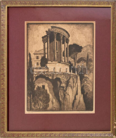 Conrad Gyula (1877-1959): Tivoli, rézkarc, papír, jelzett, üvegezett fakeretben, 30×24 cm.