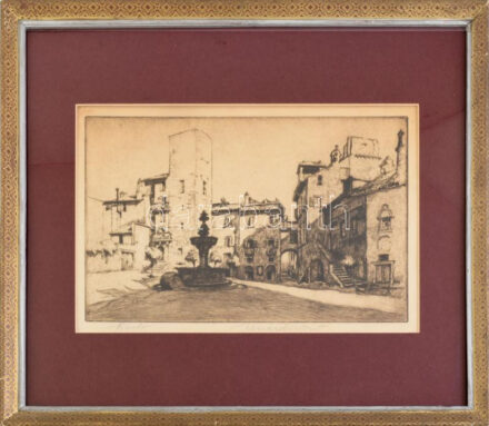 Lénárd Lévy Róbert (1879-1936): Viterbo. Rézkarc, papír. Jelzett. 19,5x29,5 cm. Üvegezett, dekoratív fakeretben.