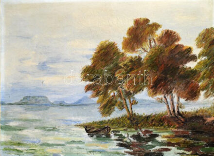 Rábaközi jelzéssel: Balaton, távolban a Badacsony. Olaj, vászon. 58x79,5 cm