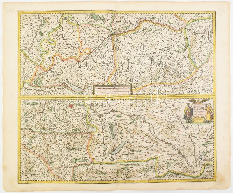 1666 A Duna Németországi és Magyarországi folyásának kétosztatú, színes rézmetszetű térképe. - Maximi totius Europe fluminis Danubii cursus per Germaniam Hungariamque. Megjelent : Janssonius, Johannes : Atlas contractus, sive atlantis
