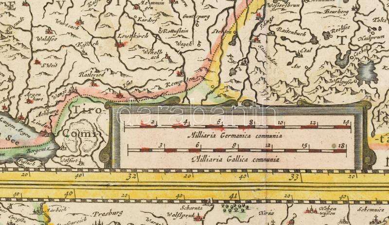 1666 A Duna Németországi és Magyarországi folyásának kétosztatú, színes rézmetszetű térképe. - Maximi totius Europe fluminis Danubii cursus per Germaniam Hungariamque. Megjelent : Janssonius, Johannes : Atlas contractus, sive atlantis - Image 3