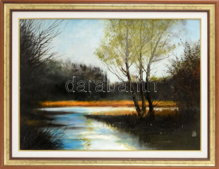 Libis József (?-): Vízparti táj. Olaj, farost. Jelzett. Kissé sérült. 50x70 cm. Dekoratív fakeretben.