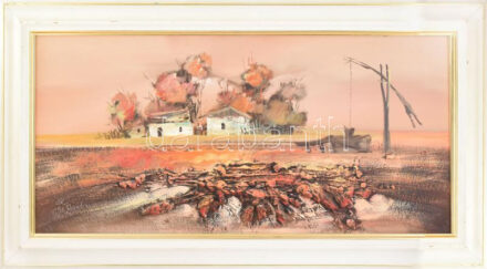 Tóth Rozália (1946-2015): Gémeskút. Olaj, vegyes technika, farost, jelzett, kissé sérült. 40x80cm. Dekoratív fakeretben.