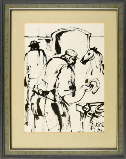 Cs. Kovács László (1929-2001): Lovat patkoló kovács. Tus, papír, jelzett, üvegezett fakeretben, 39×28 cm.