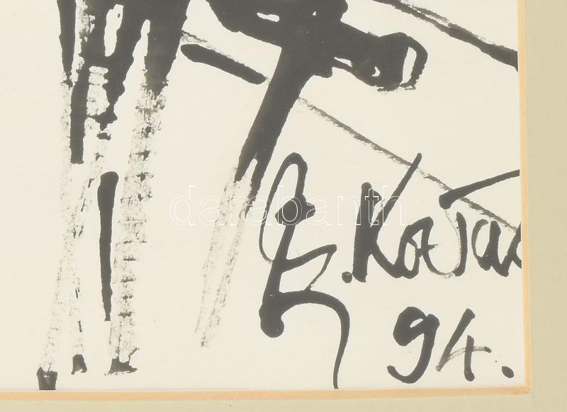 Cs. Kovács László (1929-2001): Lovat patkoló kovács. Tus, papír, jelzett, üvegezett fakeretben, 39×28 cm. - Image 2