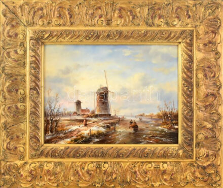 Olvashatatlan (S. Arden?) jelzéssel: Szélmalmok. Olaj, fatábla. Dekoratív, kissé sérült fakeretben. 30x40 cm