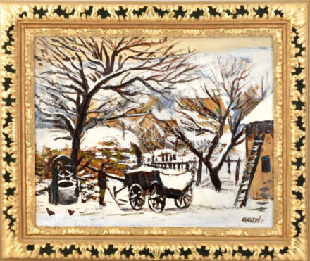 Arató István (1922-2010): Behavazott kert. Olaj, farost, jelzett. Dekoratív fakeretben. 40x50 cm